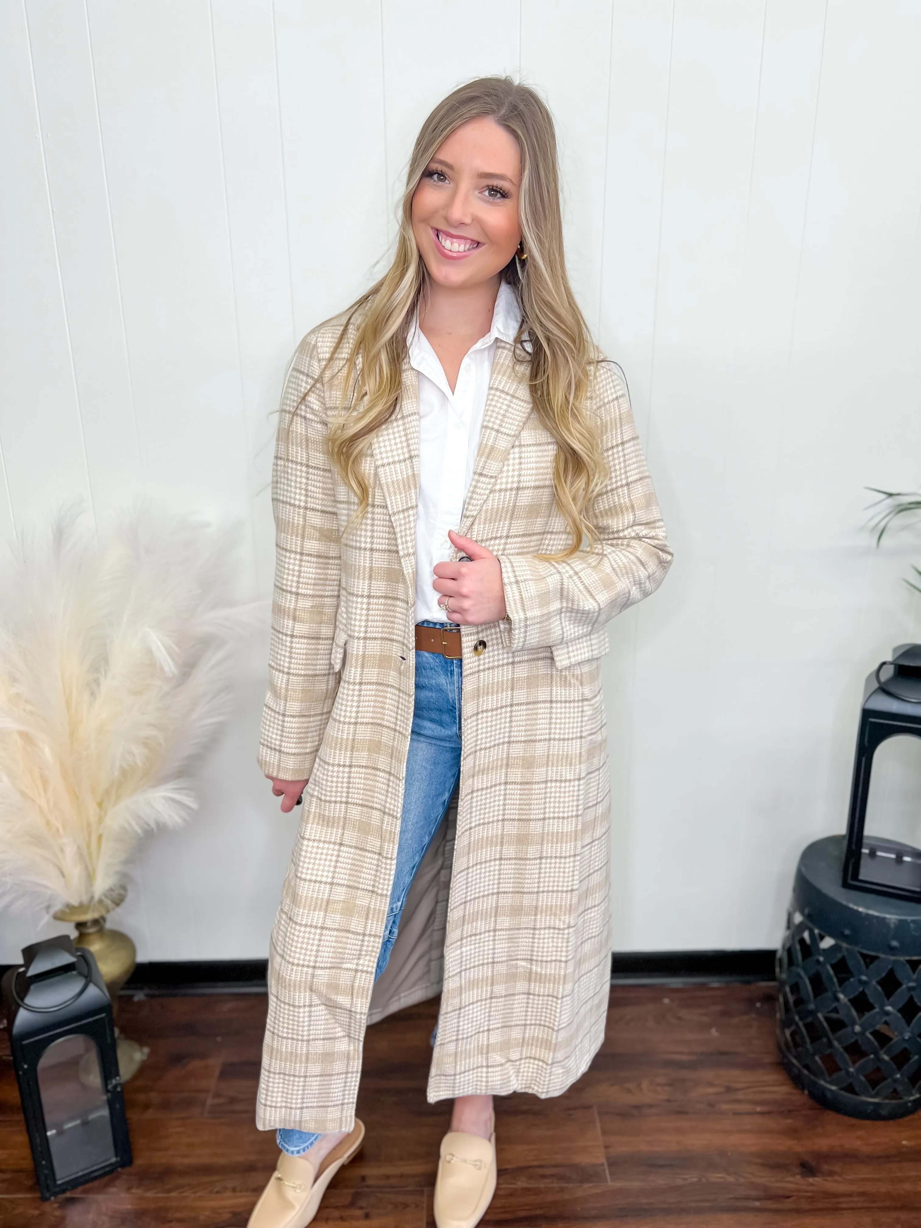 High Five Woven Plaid Coat-Tan