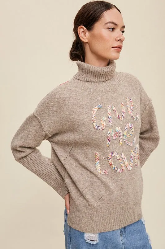 Hot Girl Give Me Love Stitched Turtleneck Sweater