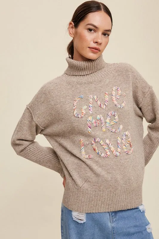 Hot Girl Give Me Love Stitched Turtleneck Sweater