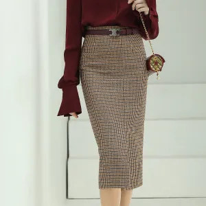 Houndstooth Brown Checkered Wool Skirt