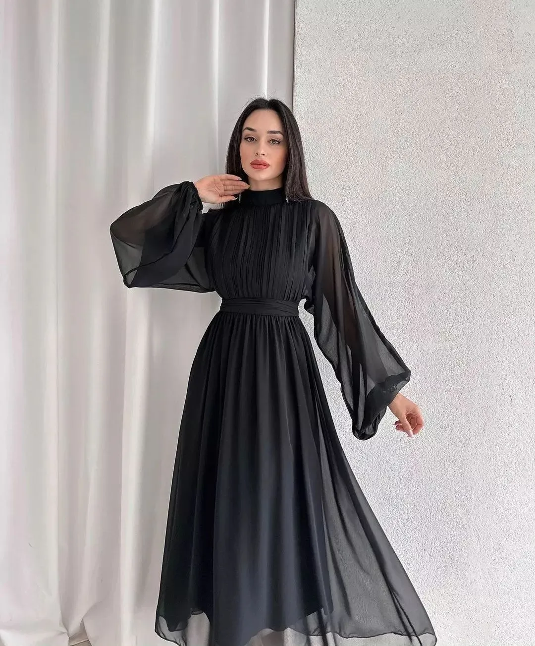 ikearlax HOT and NEW Cross Border Foreign Trade New Elegant Half Turtleneck Long-Sleeve Zipper Pleated Puffy Mid-Length Fairy Dress Women