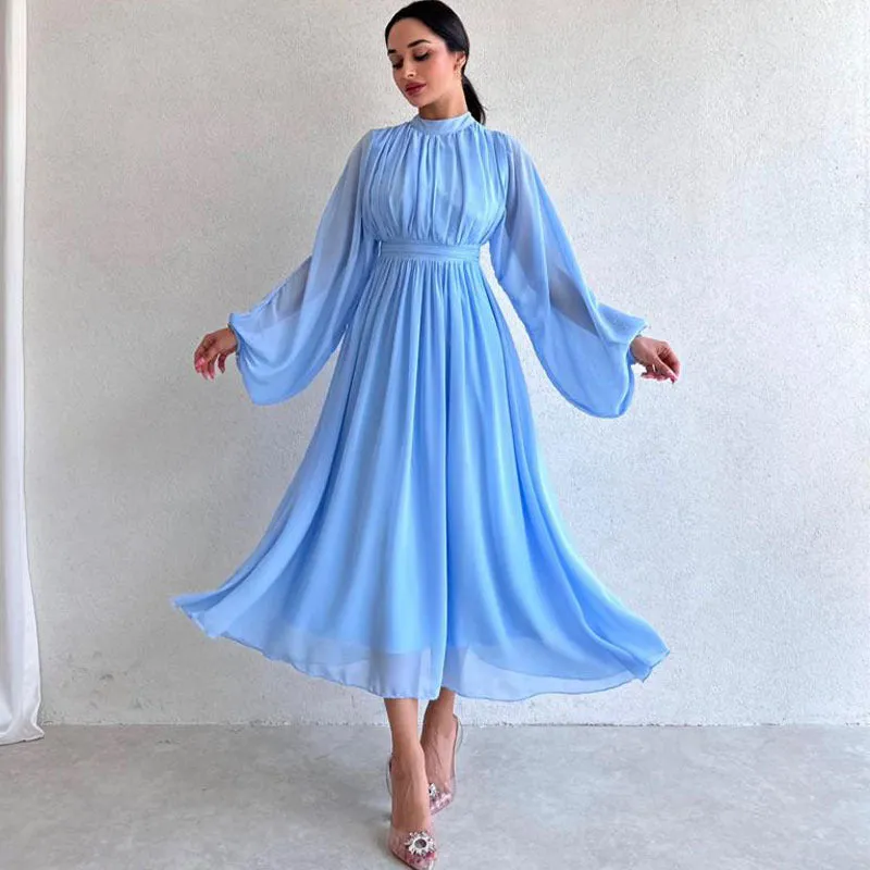 ikearlax HOT and NEW Cross Border Foreign Trade New Elegant Half Turtleneck Long-Sleeve Zipper Pleated Puffy Mid-Length Fairy Dress Women