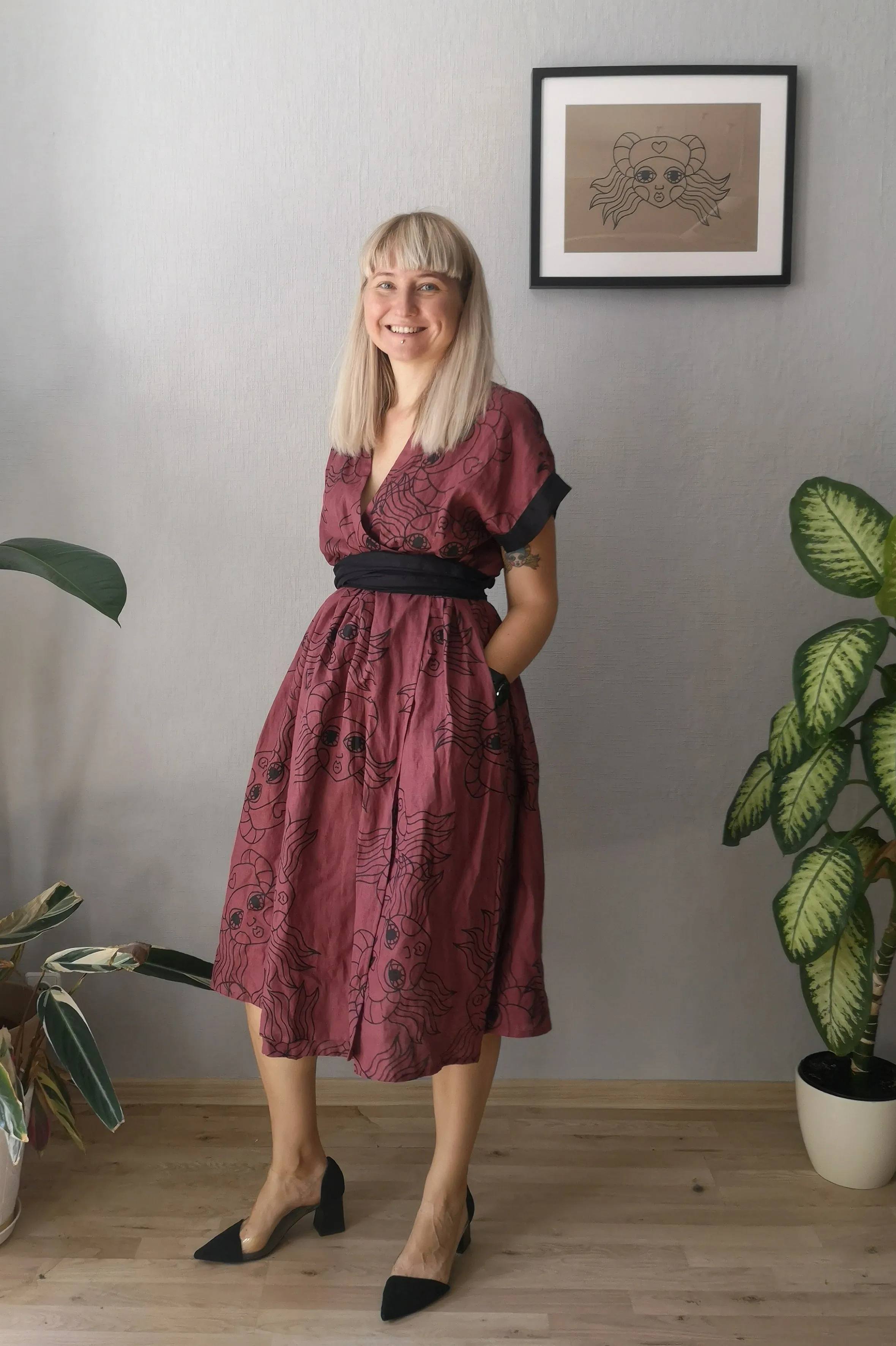 Kimono Transformer Wrap Dress "Diane fon Furstenberg"  with Wide Skirt Detail Made from Hand Printed Lāčplēsene Patterned Mauve Colored Linen