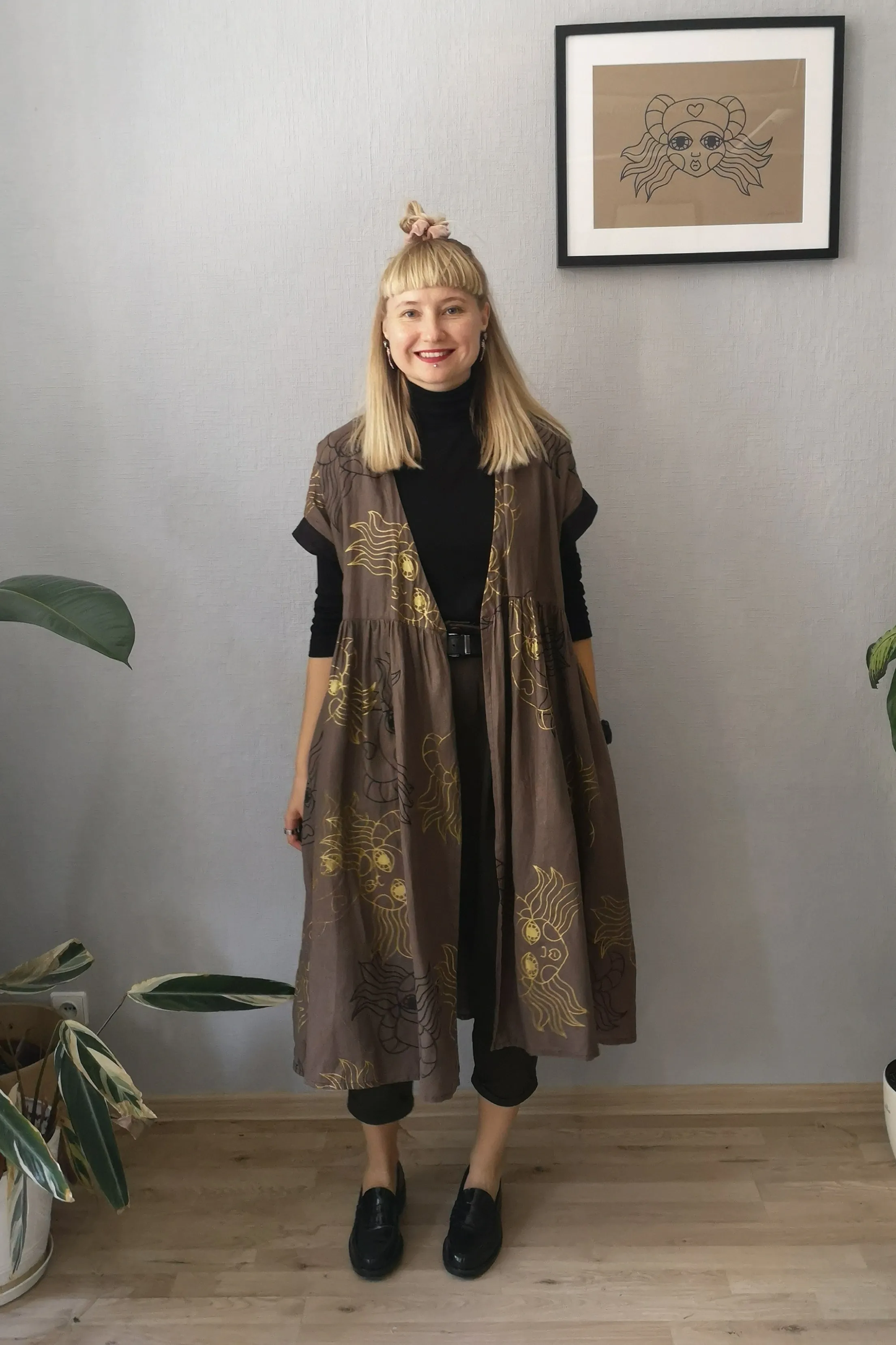 Kimono Transformer Wrap Dress "Diane fon Furstenberg"  with Wide Skirt Detail Made from Hand Printed Lāčplēsene Patterned Sand and Gold Colored Linen