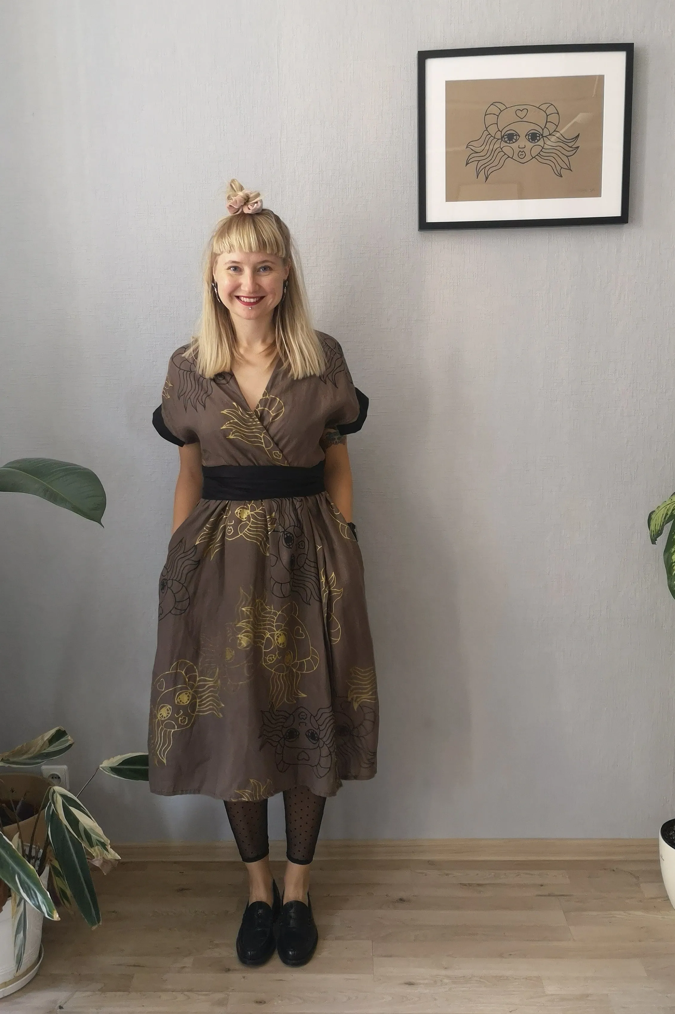 Kimono Transformer Wrap Dress "Diane fon Furstenberg"  with Wide Skirt Detail Made from Hand Printed Lāčplēsene Patterned Sand and Gold Colored Linen