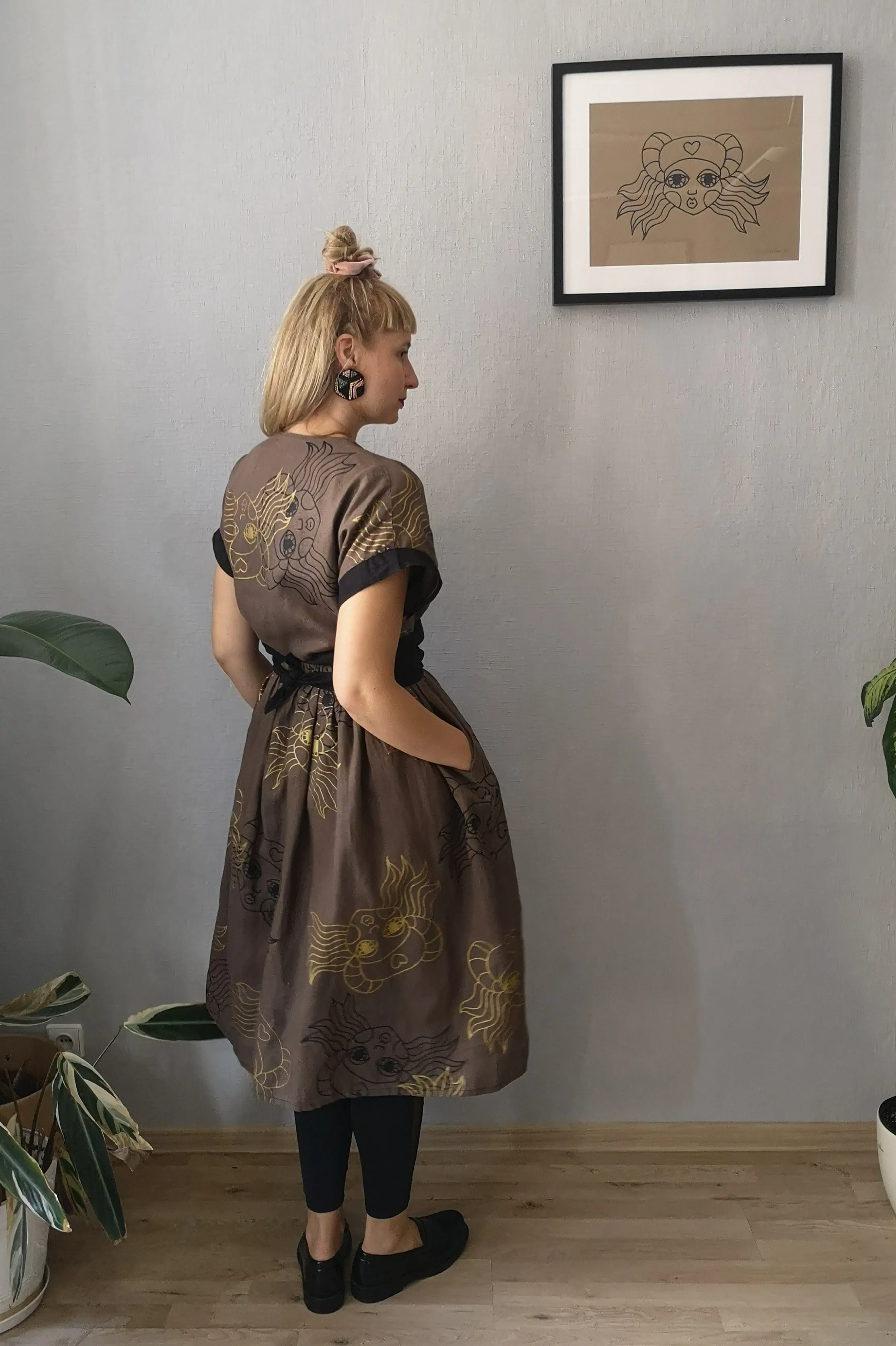 Kimono Transformer Wrap Dress "Diane fon Furstenberg"  with Wide Skirt Detail Made from Hand Printed Lāčplēsene Patterned Sand and Gold Colored Linen