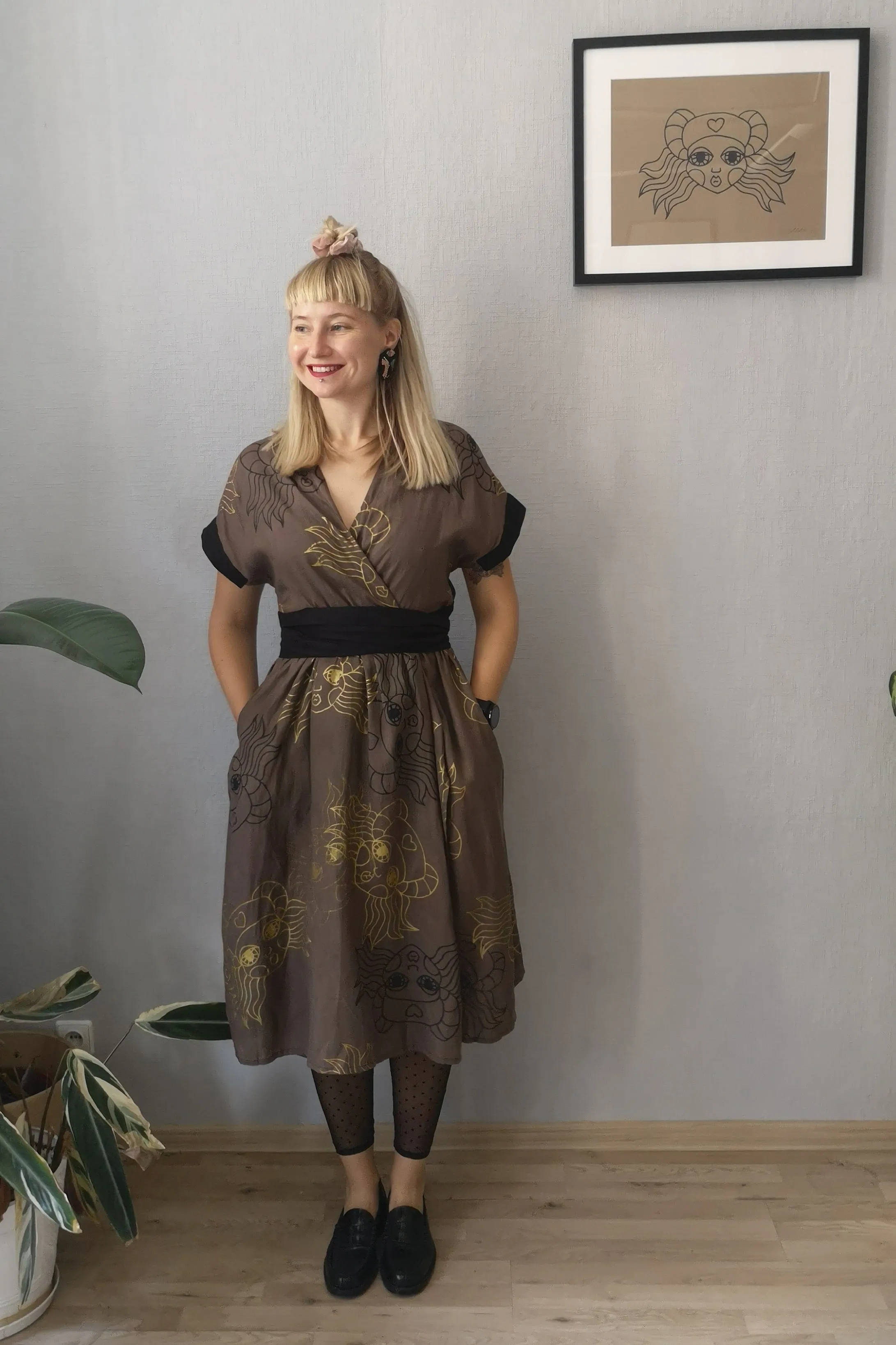 Kimono Transformer Wrap Dress "Diane fon Furstenberg"  with Wide Skirt Detail Made from Hand Printed Lāčplēsene Patterned Sand and Gold Colored Linen