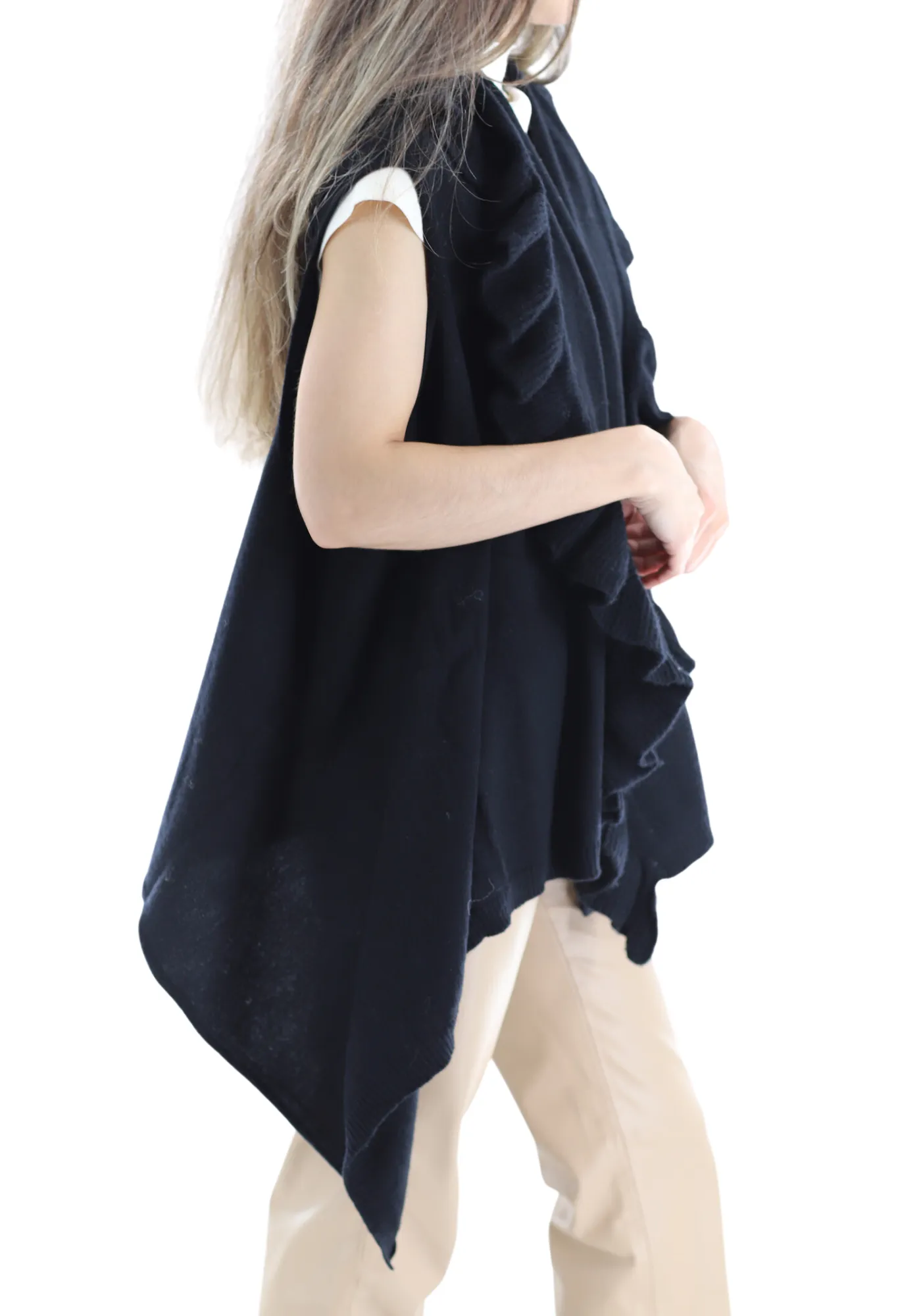 La Fiorentina Knitted Black Vest with Ruffles - Wool/Cashmere Blend - One Size (90 x 146 cm)