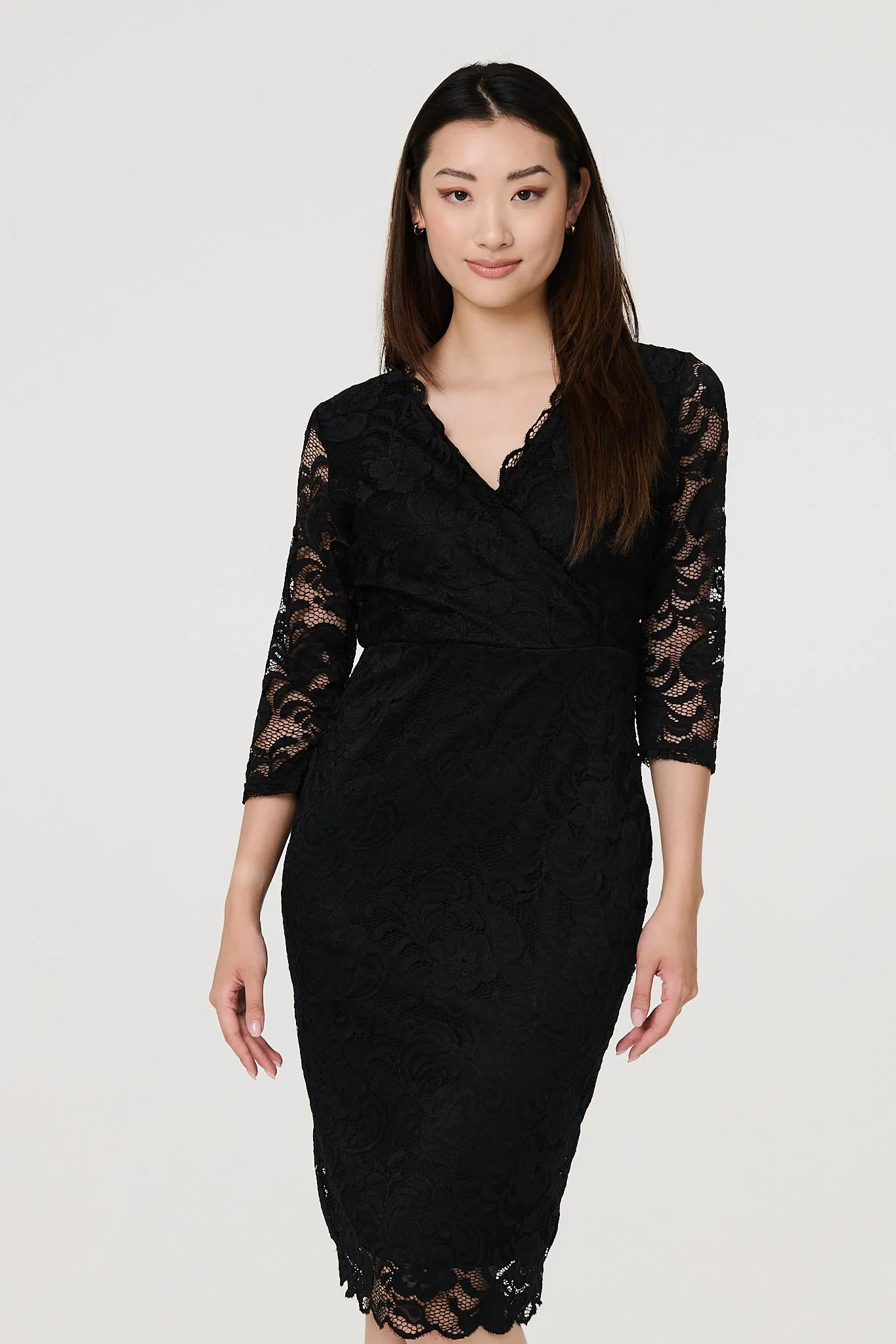 Lace 3/4 Sleeve Faux Wrap Front Dress