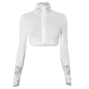 Lace Trim Turtleneck Zip Up Long Sleeve Crop Top Y2k White T Shirts for Woman 2024 Trending Clothes P85-BB14