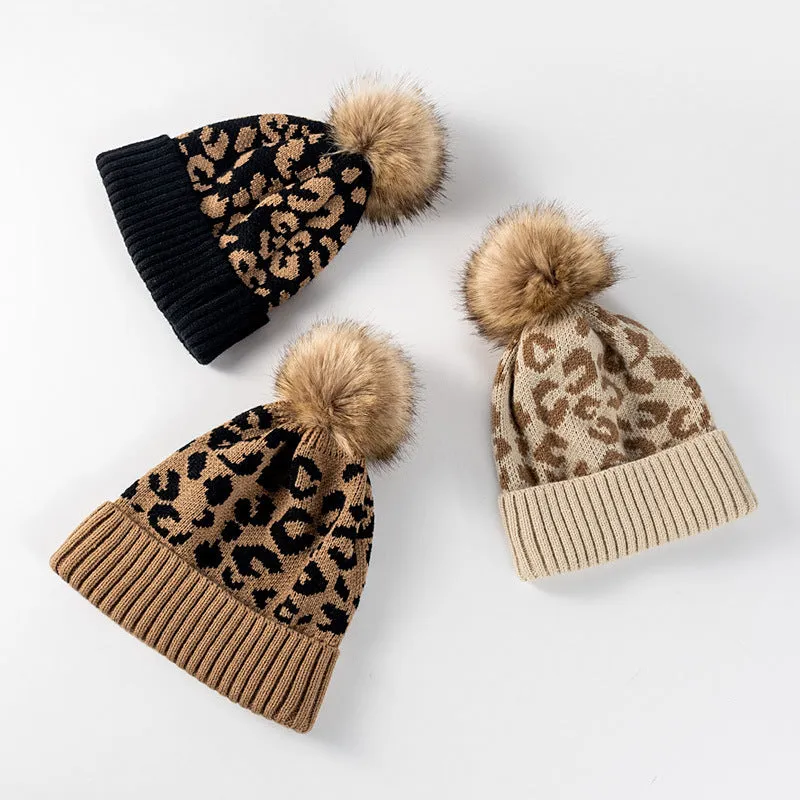 Ladies Leopard Knit Faux Mink Ball Knit Hat SKAH4211