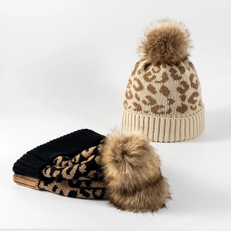 Ladies Leopard Knit Faux Mink Ball Knit Hat SKAH4211