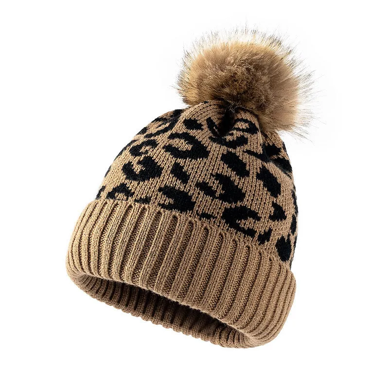 Ladies Leopard Knit Faux Mink Ball Knit Hat SKAH4211