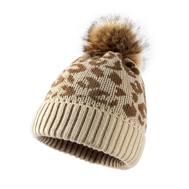 Ladies Leopard Knit Faux Mink Ball Knit Hat SKAH4211