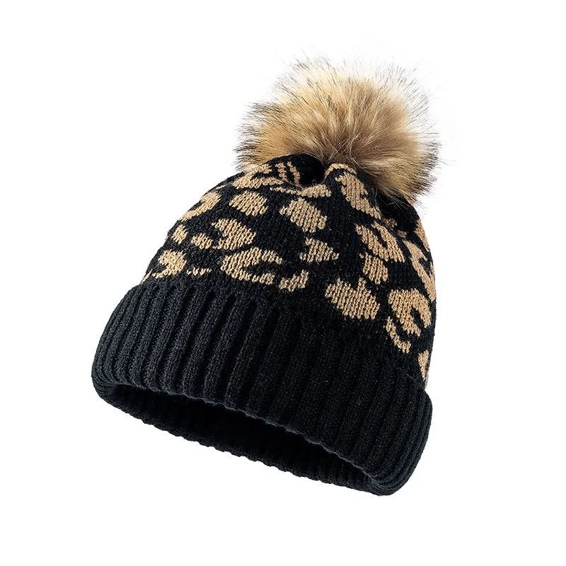 Ladies Leopard Knit Faux Mink Ball Knit Hat SKAH4211