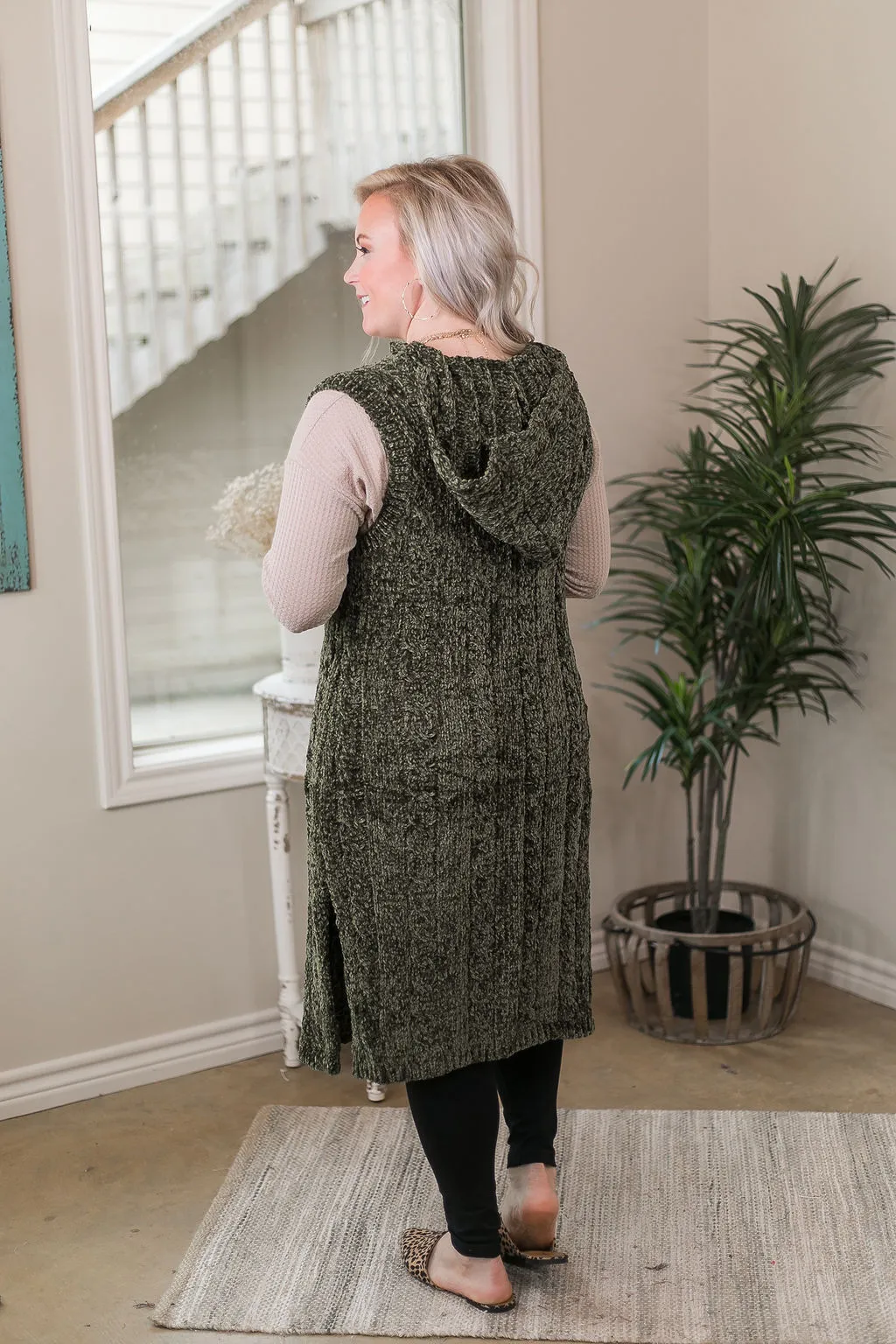 Last Chance Size S/M | Easy Days Long Chenille Knit Vest with Hood in Olive Green