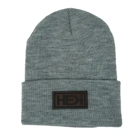 LEATHER ON HEATHER GREY BEANIE