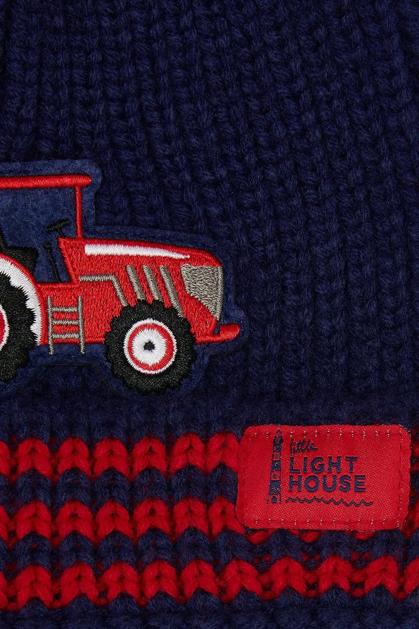 Lighthouse Kids Bobble Hat Tractors Stripes Red