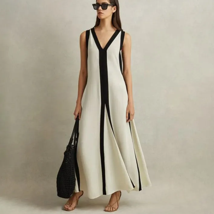 Long Two-Tone V-Neck Dress