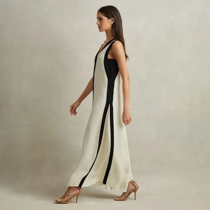 Long Two-Tone V-Neck Dress