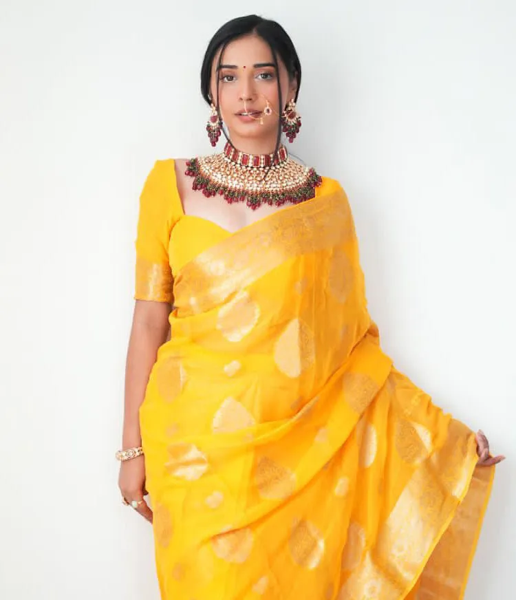 Lovely 1-Minute Ready To Wear Yellow Cotton Silk Saree