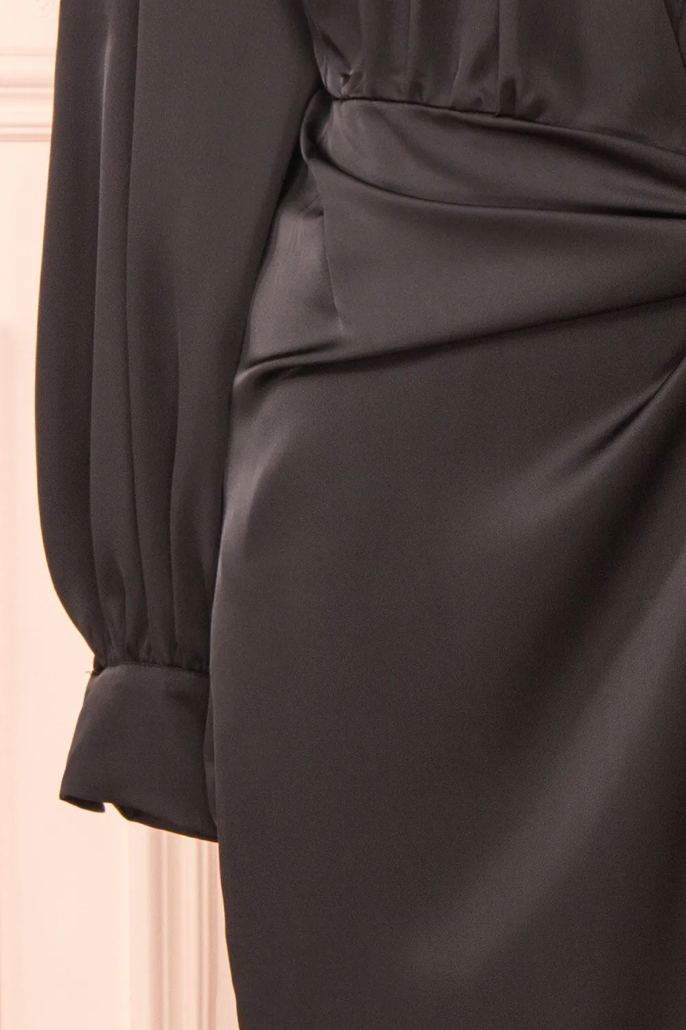 Lunaria Black | Satin Wrap Midi Dress w/ Long Sleeves