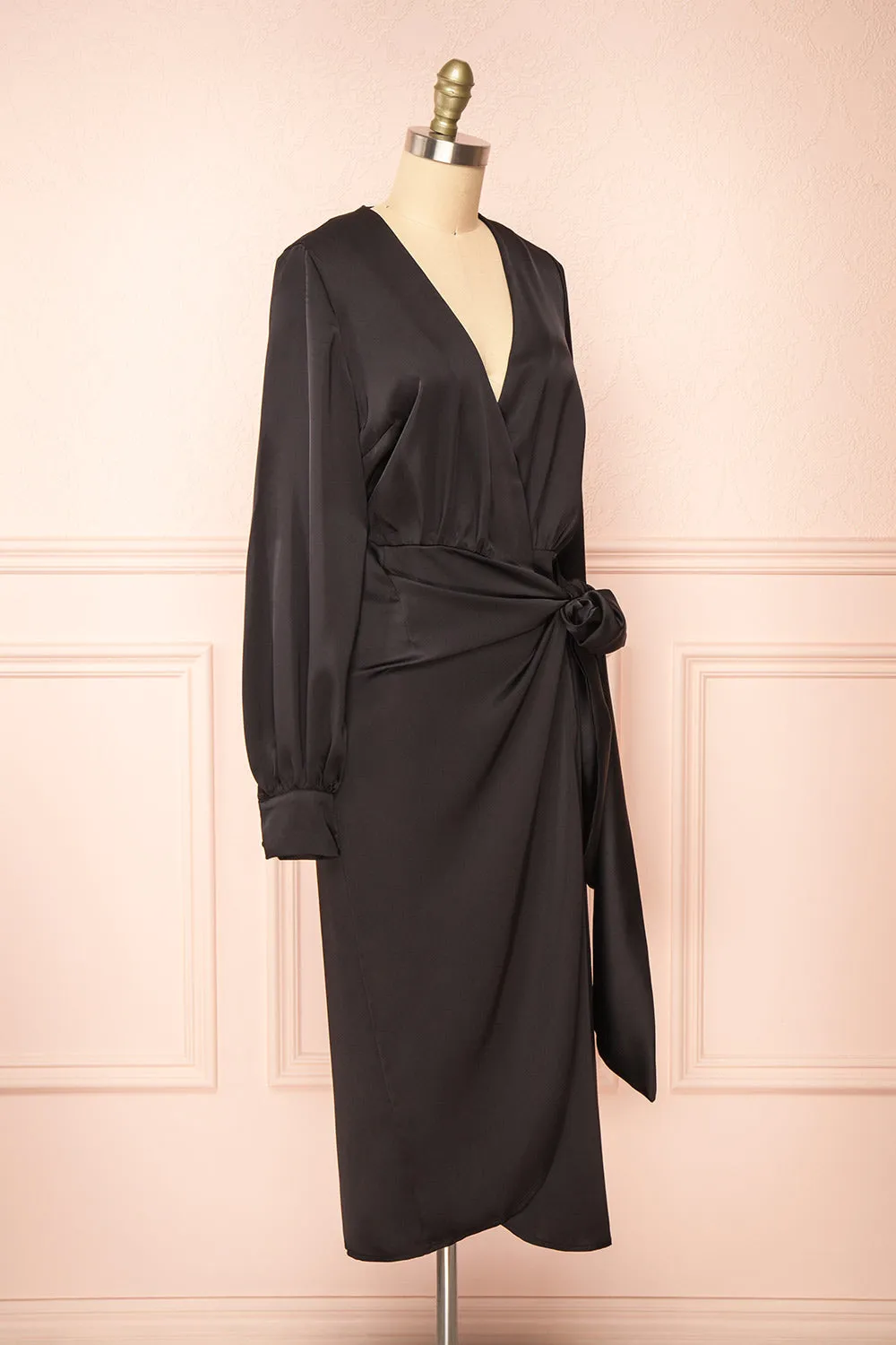 Lunaria Black | Satin Wrap Midi Dress w/ Long Sleeves