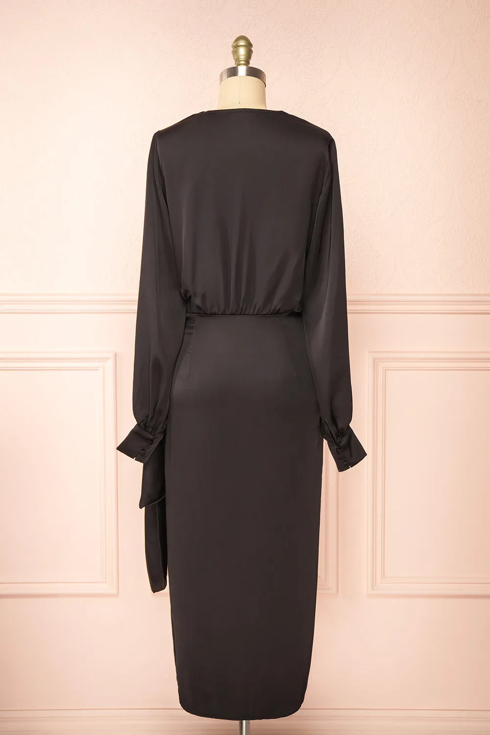 Lunaria Black | Satin Wrap Midi Dress w/ Long Sleeves