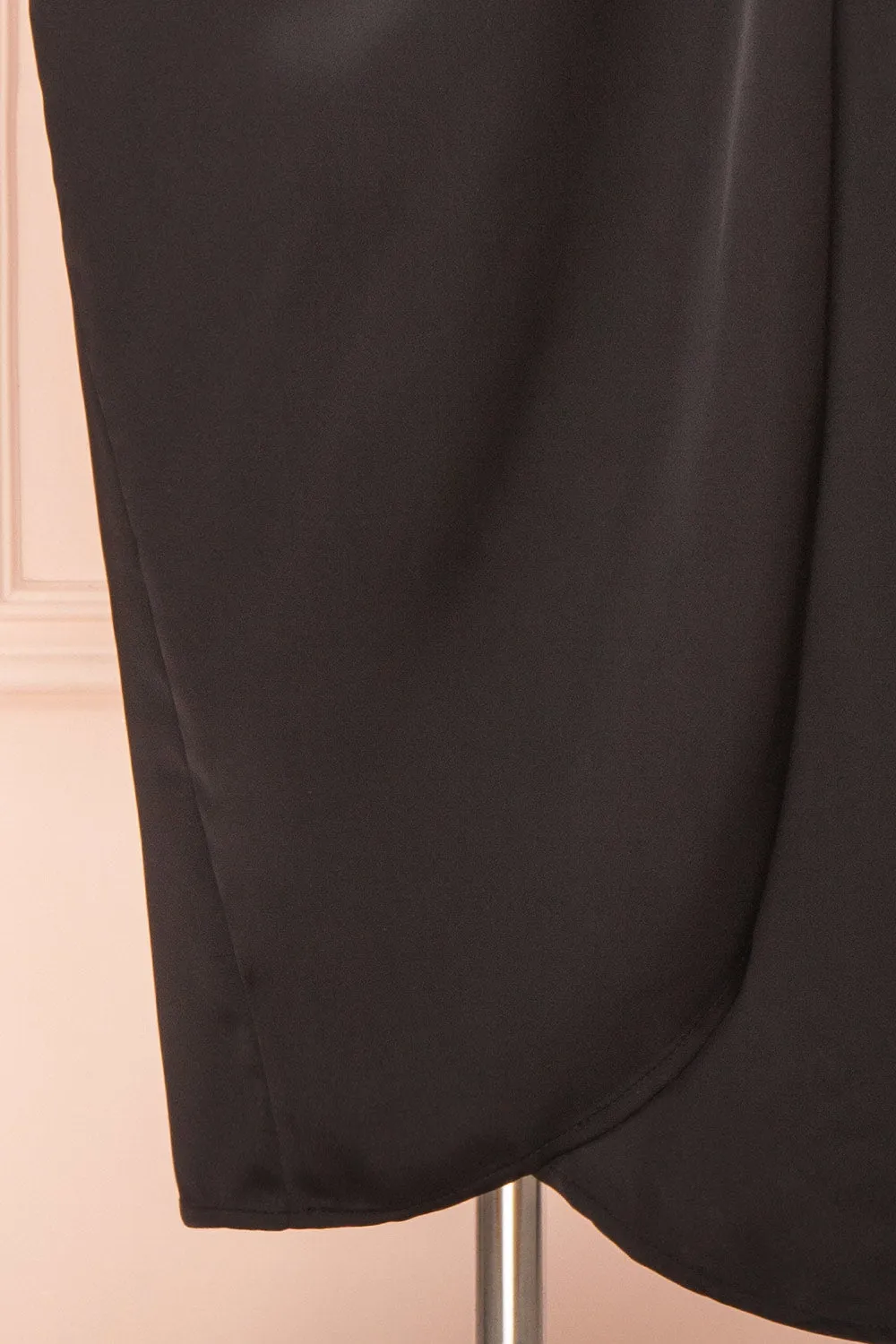 Lunaria Black | Satin Wrap Midi Dress w/ Long Sleeves