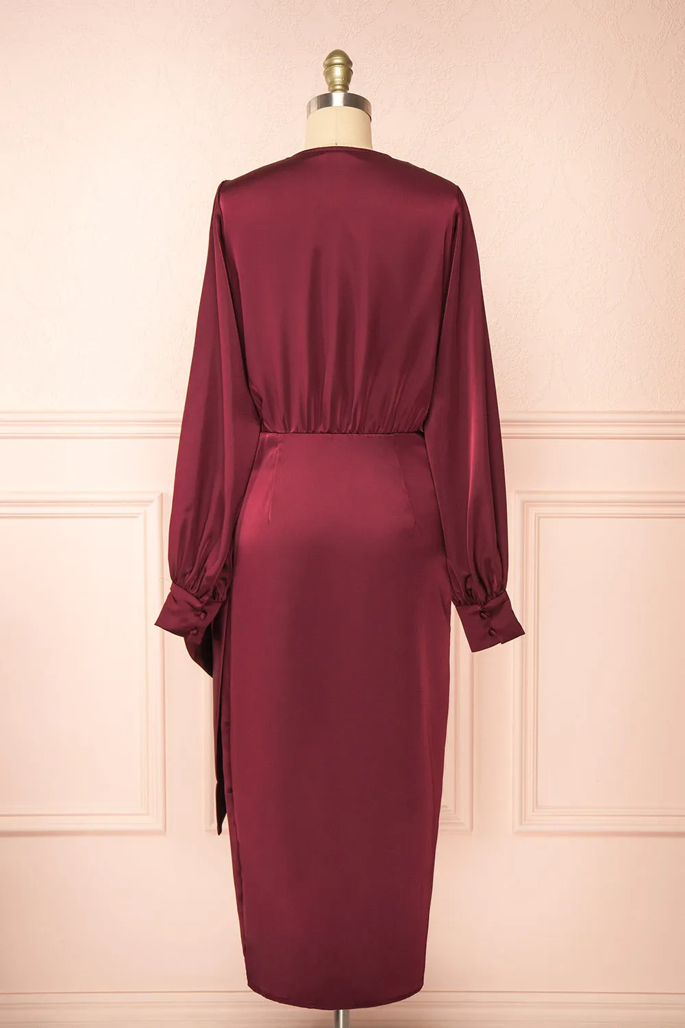 Lunaria Burgundy | Satin Wrap Midi Dress w/ Long Sleeves