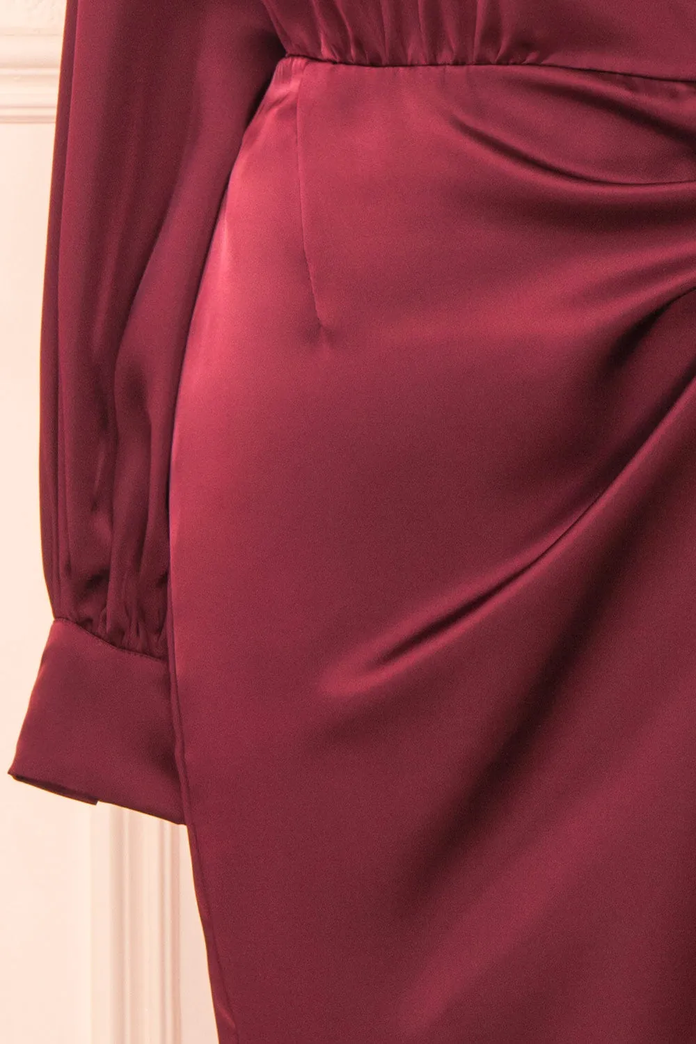 Lunaria Burgundy | Satin Wrap Midi Dress w/ Long Sleeves