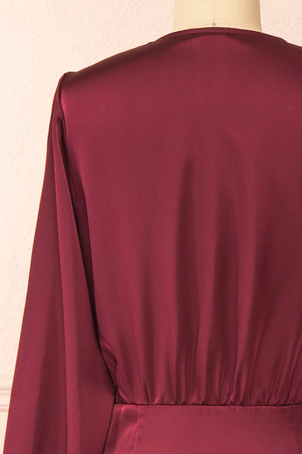 Lunaria Burgundy | Satin Wrap Midi Dress w/ Long Sleeves