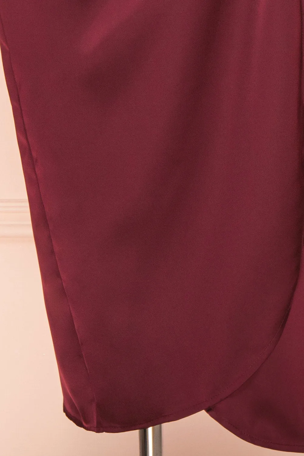 Lunaria Burgundy | Satin Wrap Midi Dress w/ Long Sleeves