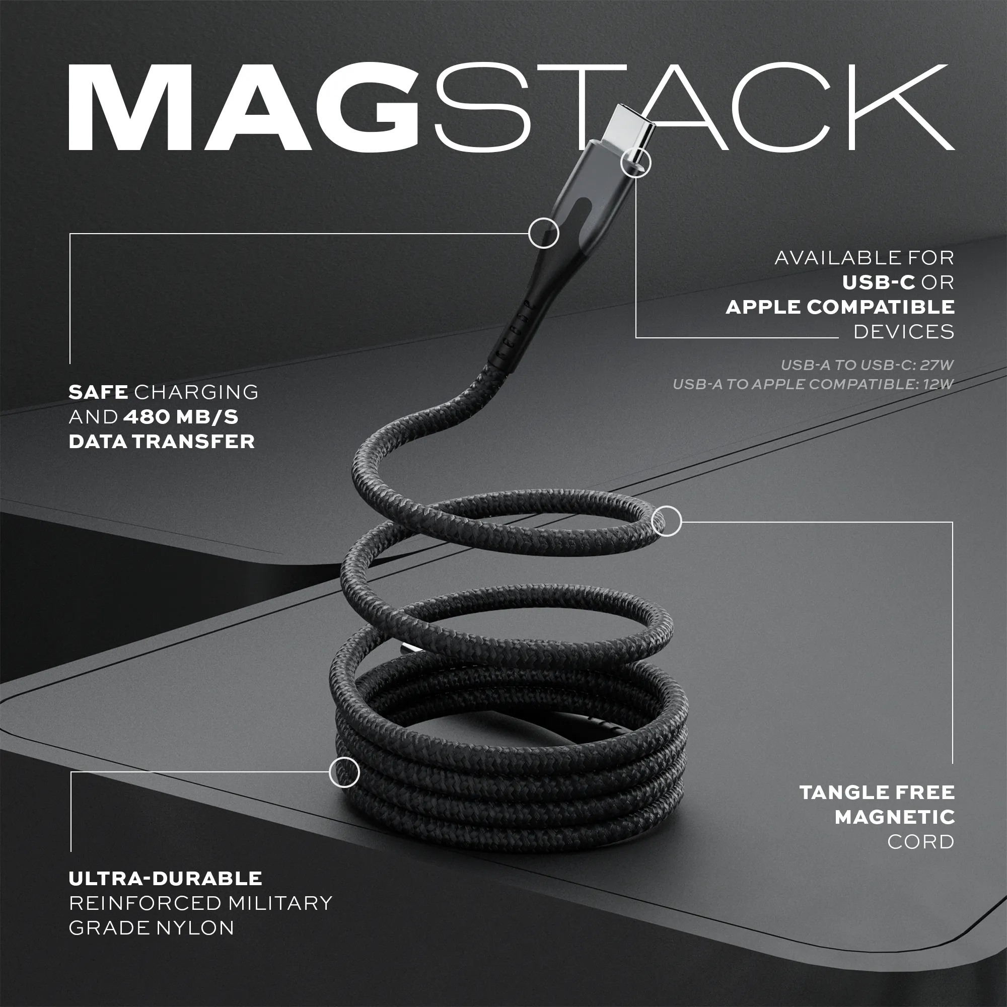 MagStack™ Cable | Tangle-Free Magnetic Nylon | Charge & Data Cable