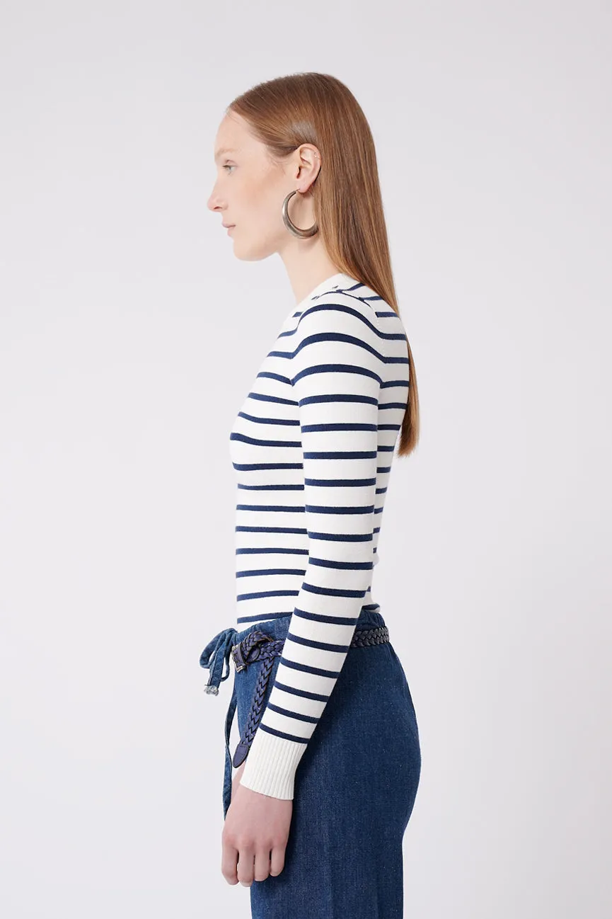 Marine Navy / White Stripe Peachskin Long Sleeve Crew Neck