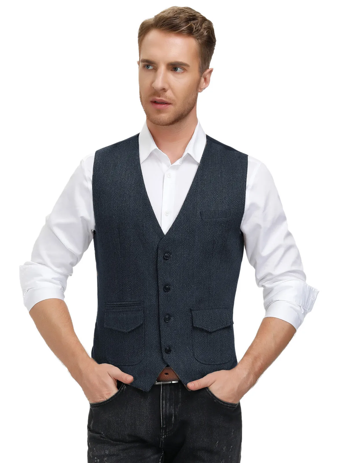 Men's British Herringbone Tweed Vest Casual Wool Blend Waistcoat with Pockets