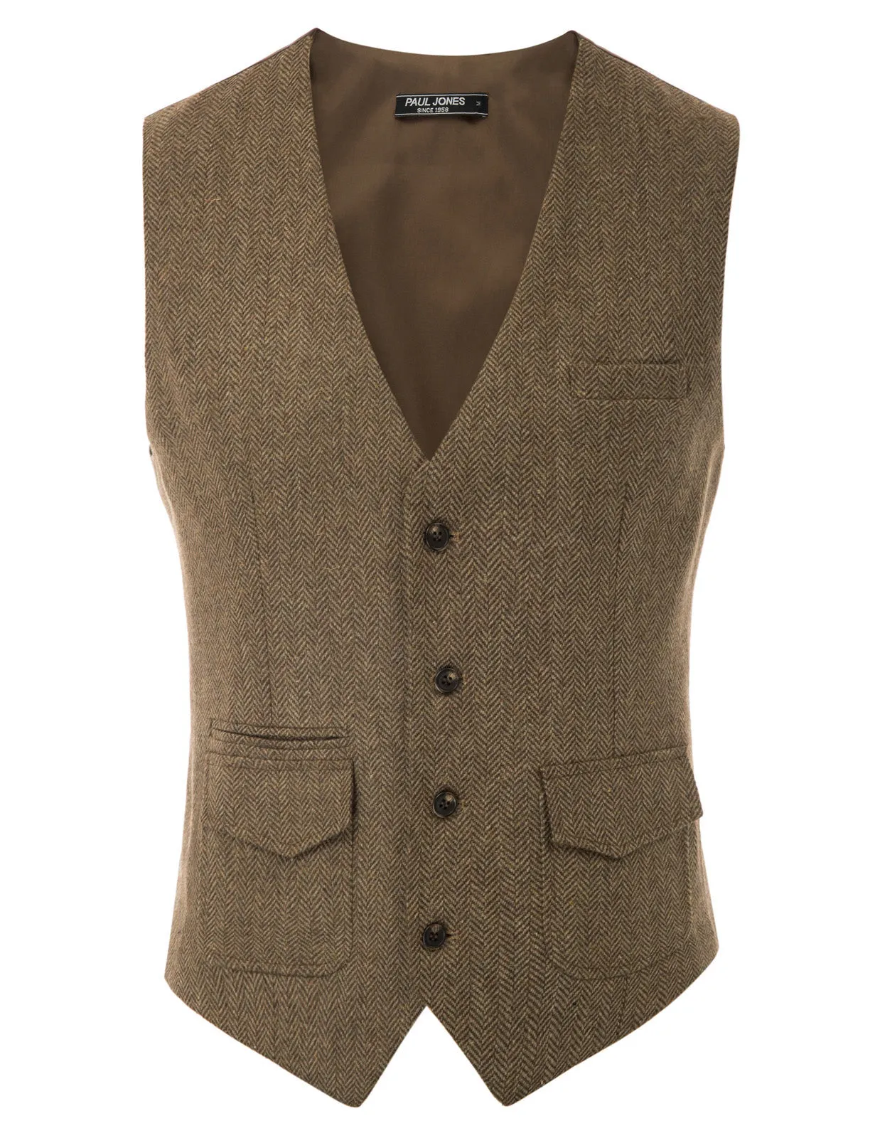 Men's British Herringbone Tweed Vest Casual Wool Blend Waistcoat with Pockets