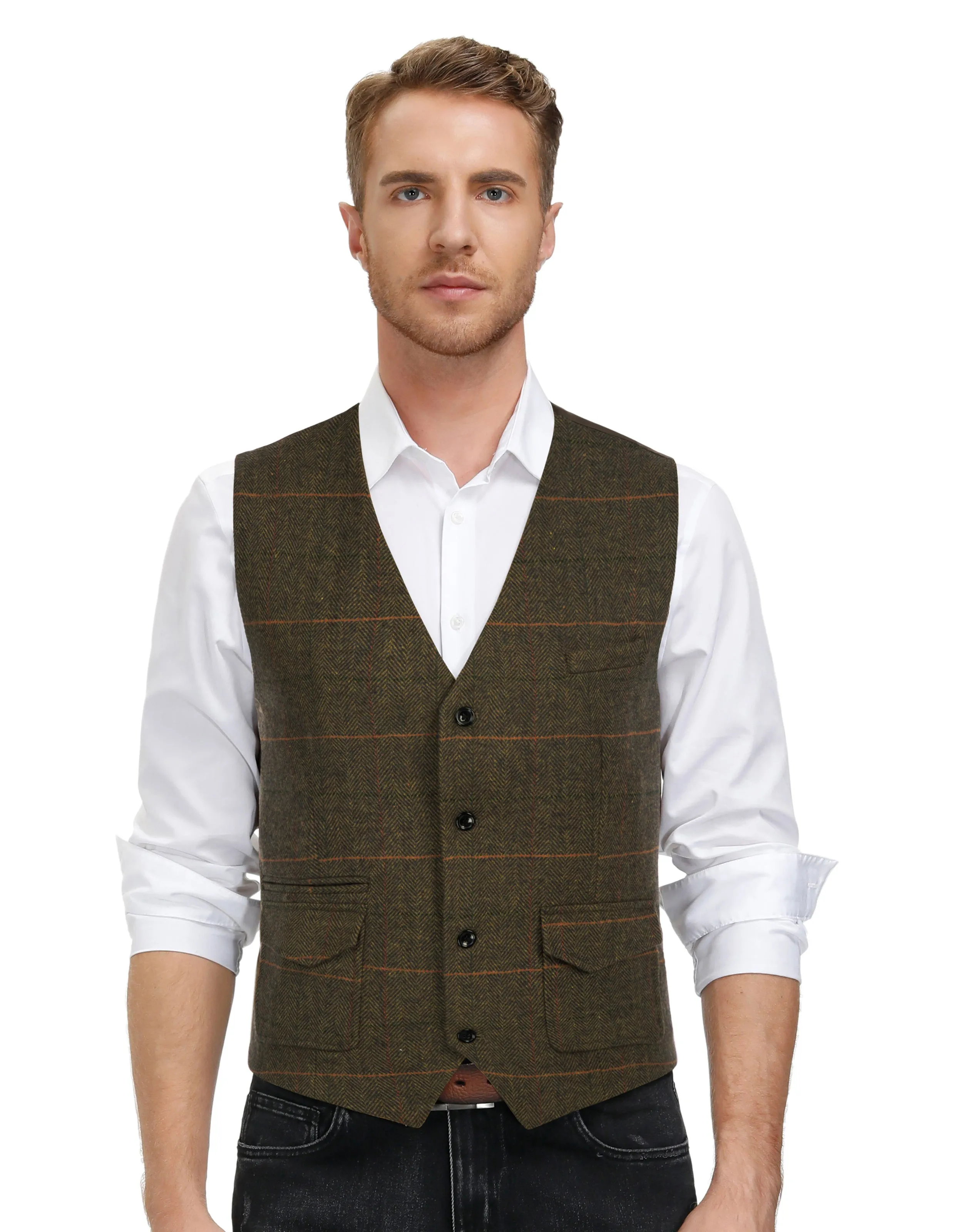 Men's British Herringbone Tweed Vest Casual Wool Blend Waistcoat with Pockets