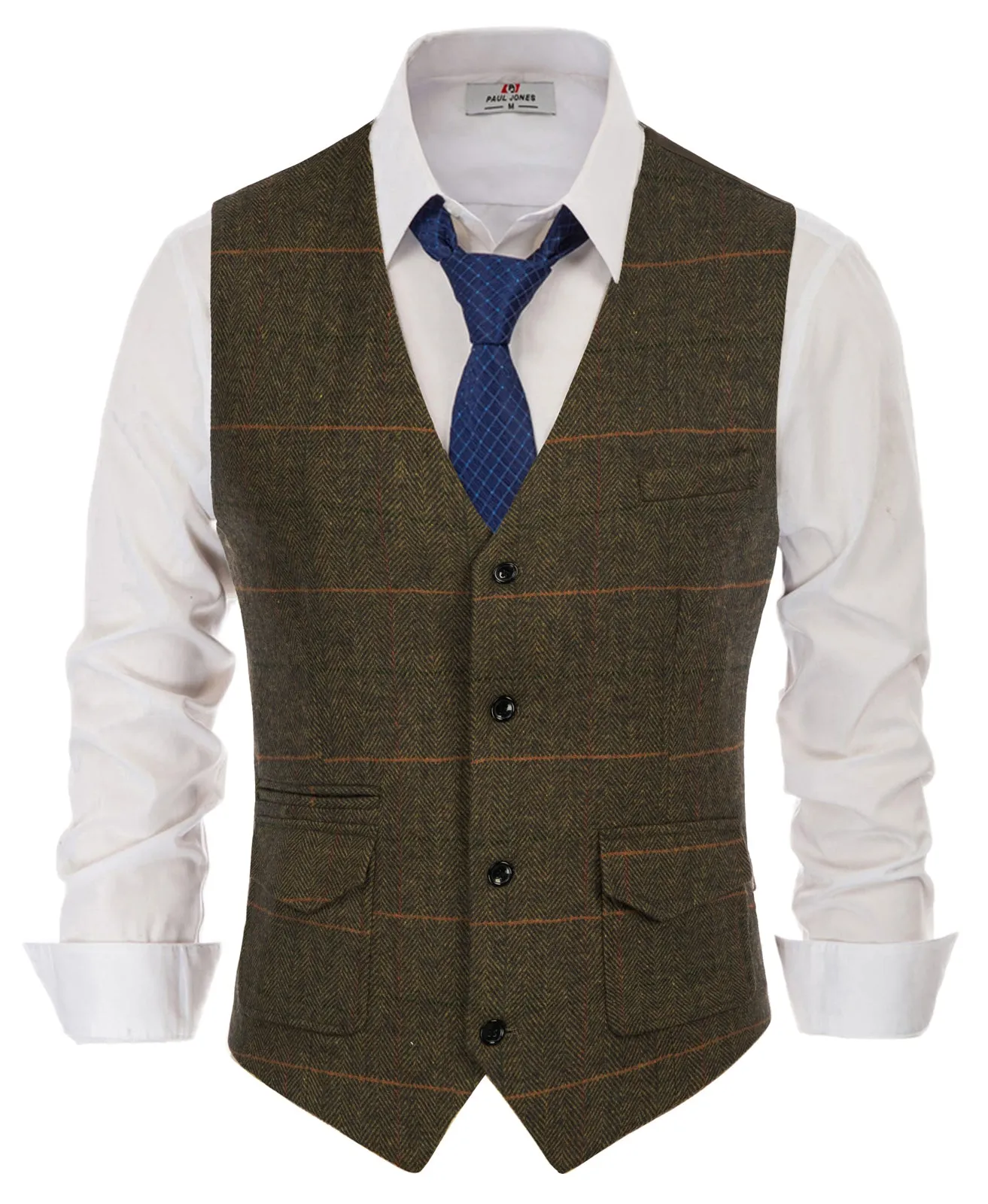 Men's British Herringbone Tweed Vest Casual Wool Blend Waistcoat with Pockets