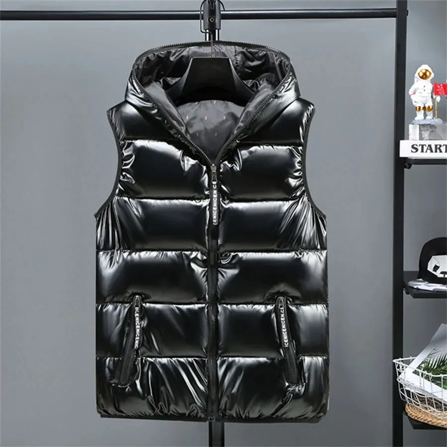 Men's Glossy Hooded Winter Vest Waterproof & Warm