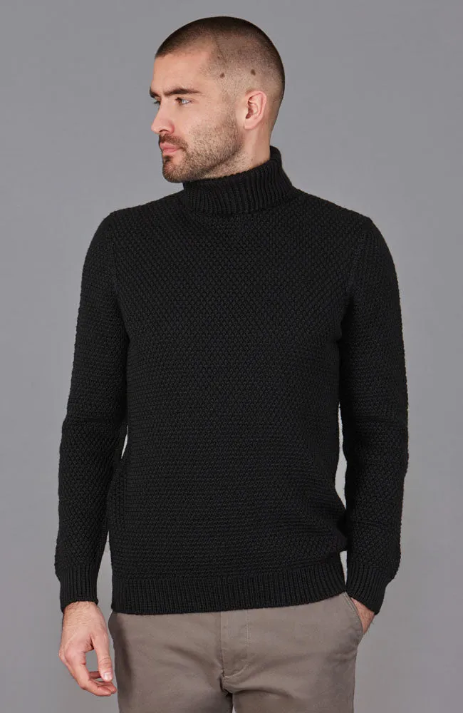 Mens Merino Wool Fishermans Roll Neck Moss Stitch Jumper