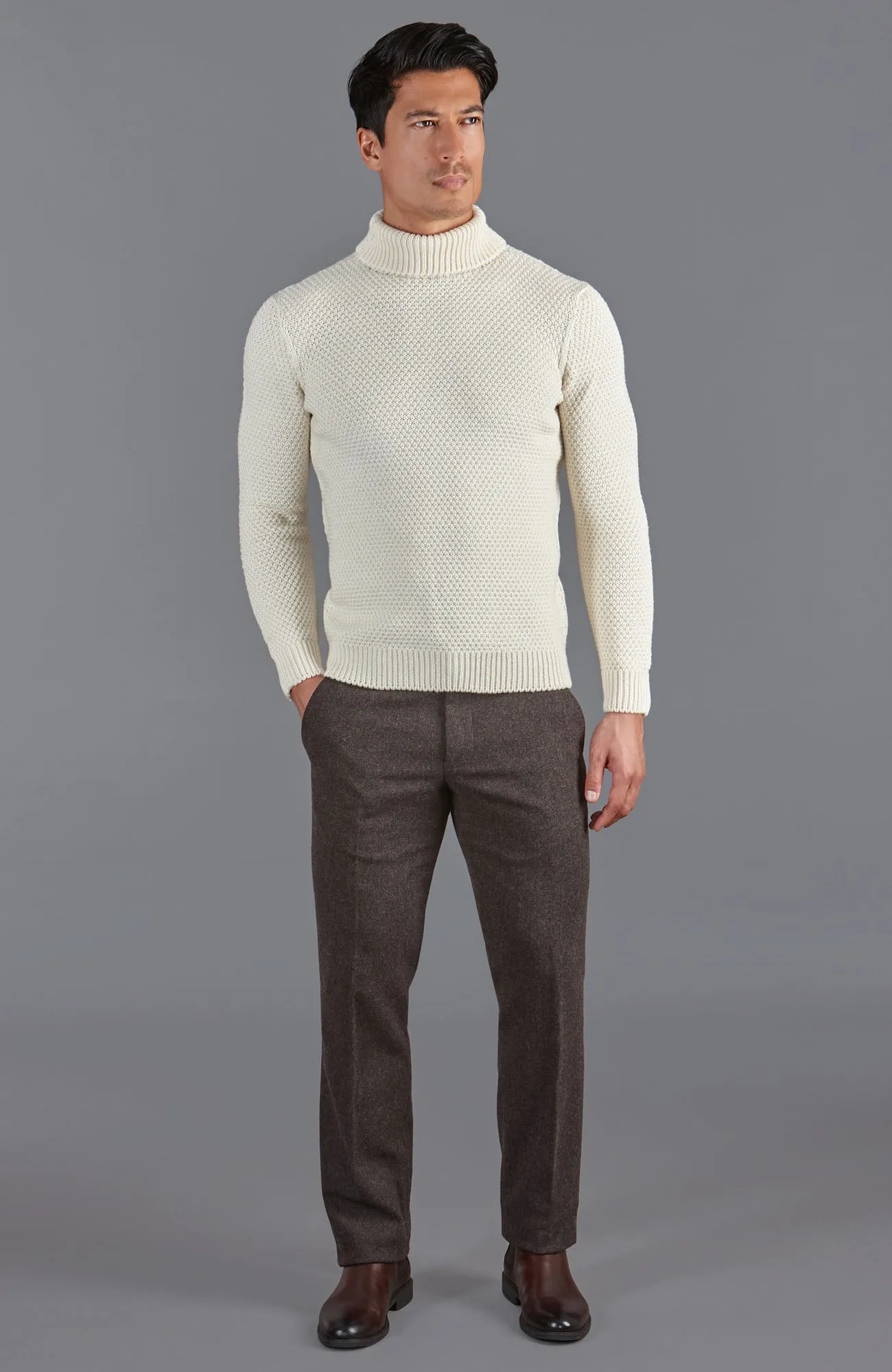 Mens Merino Wool Fishermans Roll Neck Moss Stitch Jumper