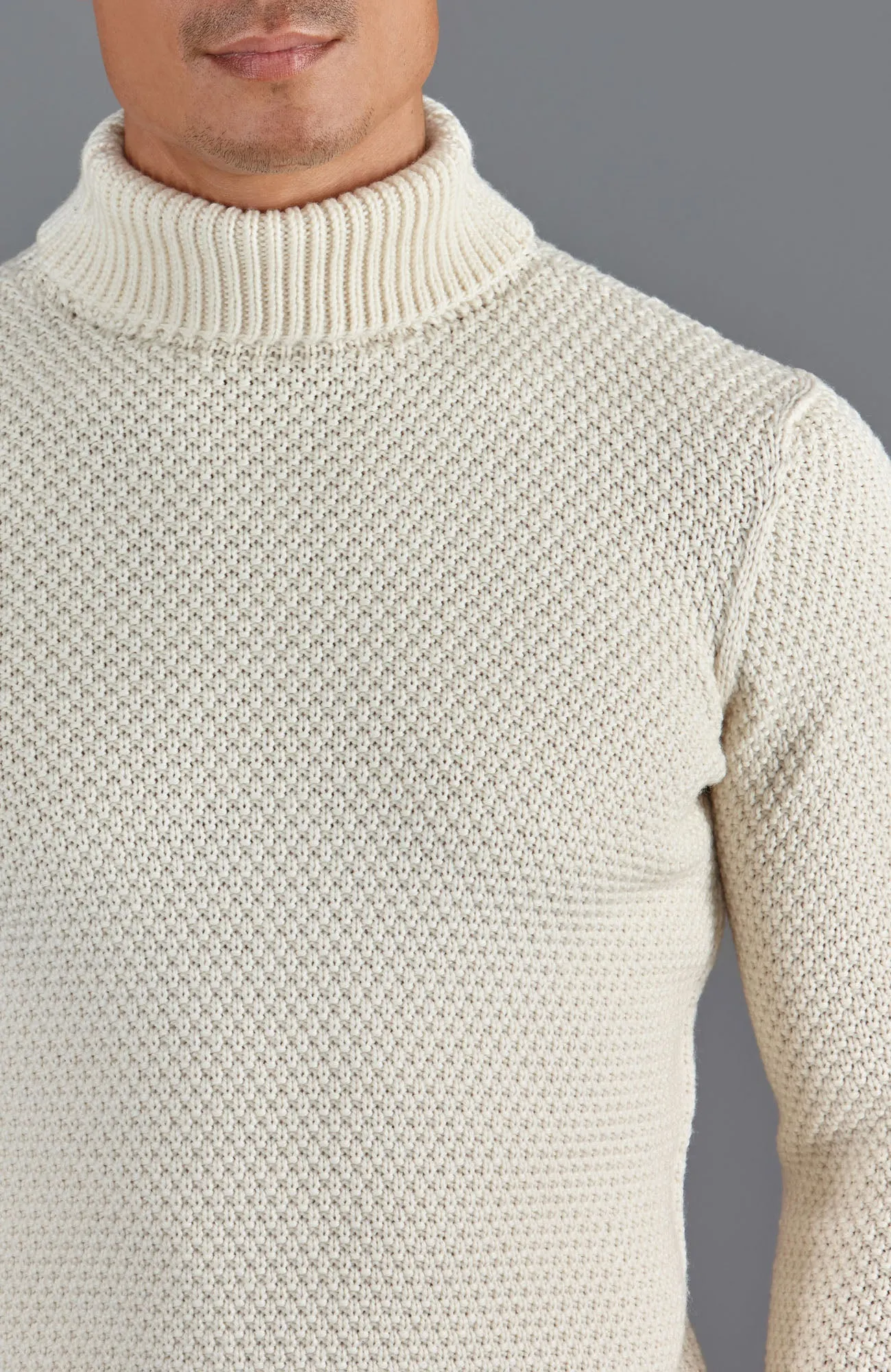 Mens Merino Wool Fishermans Roll Neck Moss Stitch Jumper