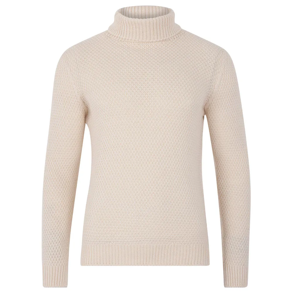 Mens Merino Wool Fishermans Roll Neck Moss Stitch Jumper