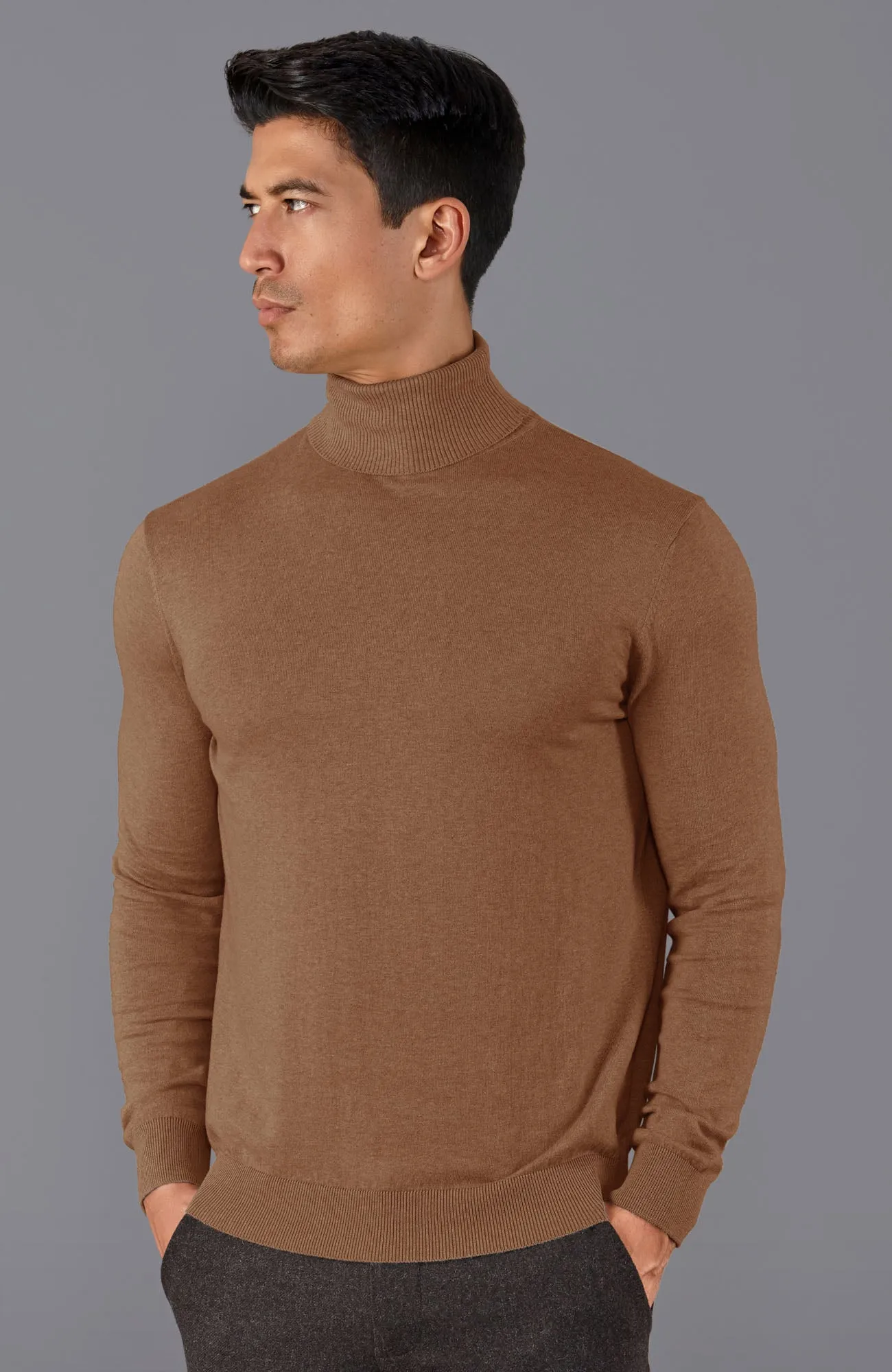 Mens Ultra Fine Cotton Roll Neck Jumper