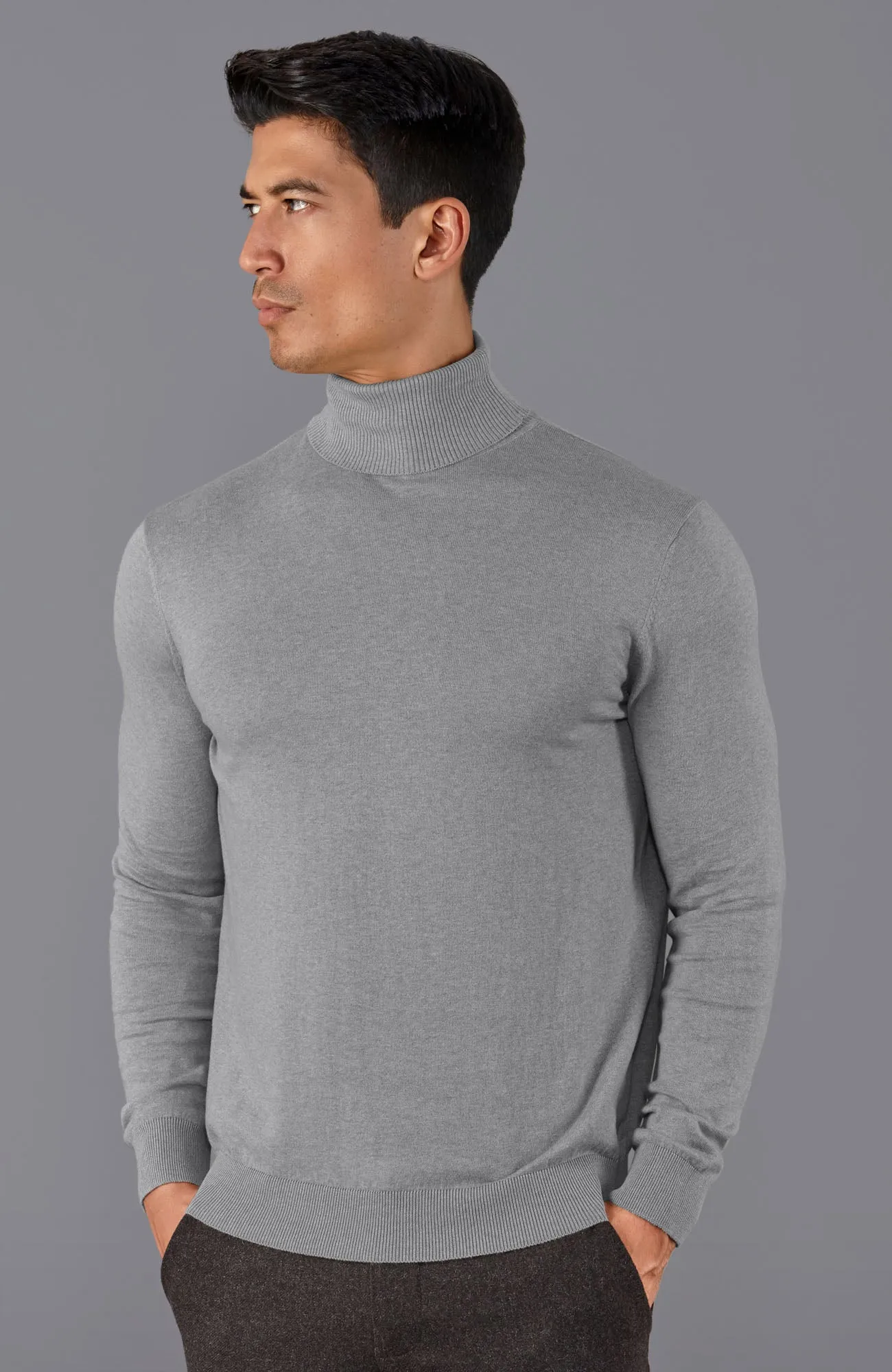 Mens Ultra Fine Cotton Roll Neck Jumper