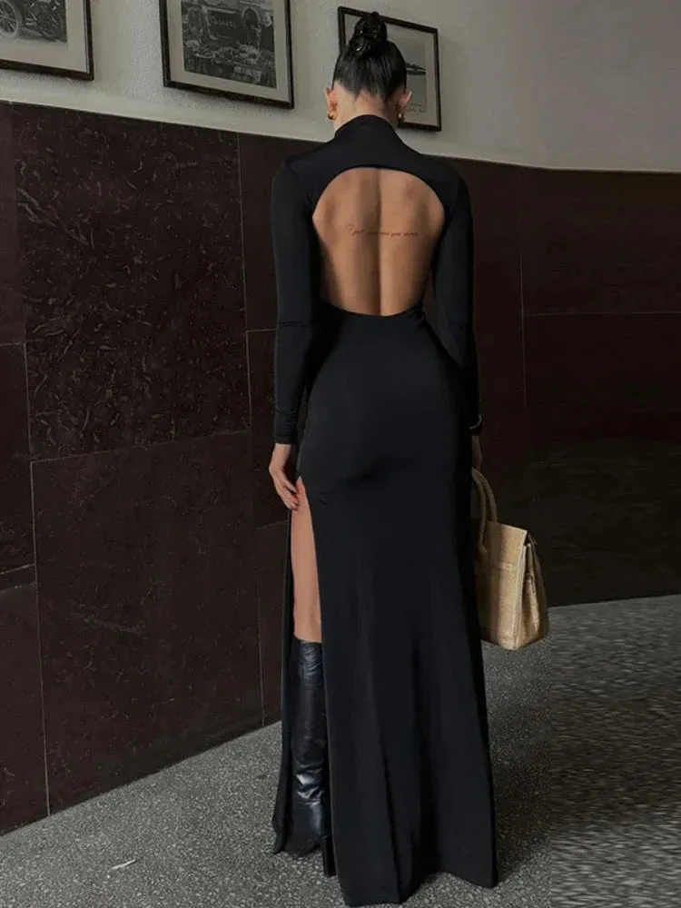 Metaversmall Turtleneck Backless Long Maxi Dresses for Women Elegant Sexy Black High Slit Dress Spring 2024 Evening Gown C16-CZ38