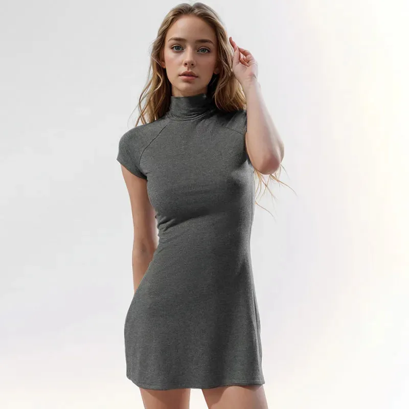 Metaversmall Turtleneck Short Sleeve A-line Mini Dresses for Womens Fashion 2024 Basics Casual Tight Fitted Dress P85-AI18