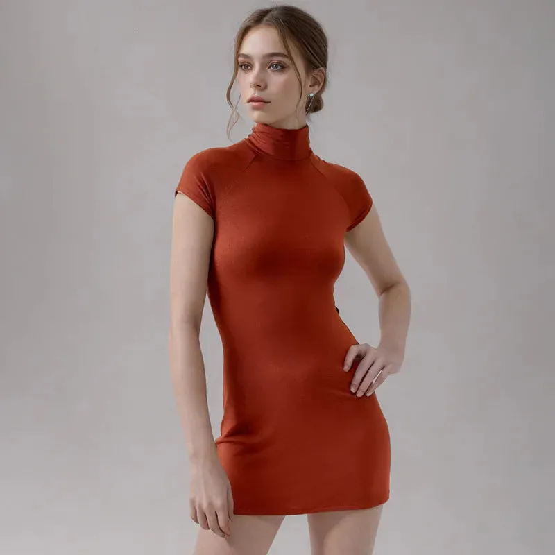 Metaversmall Turtleneck Short Sleeve A-line Mini Dresses for Womens Fashion 2024 Basics Casual Tight Fitted Dress P85-AI18