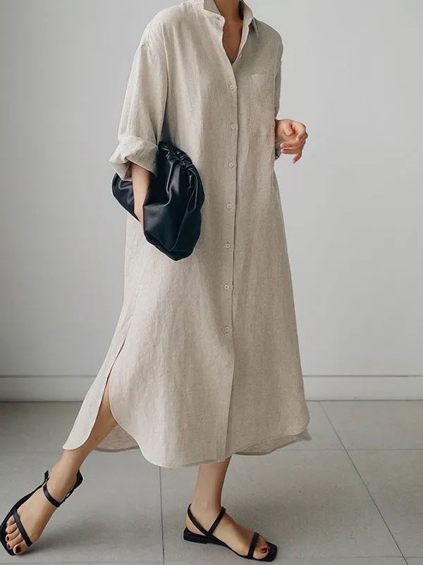 Minimalist Style Cotton And Linen Shirt Maxi Dress